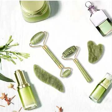 4-pcs Jade Roller & Gua Sha Set, Facial Roller Massager with Gua Sha Scraping Tool, Jade Stone Massager for Anti-aging, Slimming & Firming, Rejuvenate Face and Neck, Remove Wrinkles & Eye Puffiness