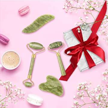 4-pcs Jade Roller & Gua Sha Set, Facial Roller Massager with Gua Sha Scraping Tool, Jade Stone Massager for Anti-aging, Slimming & Firming, Rejuvenate Face and Neck, Remove Wrinkles & Eye Puffiness