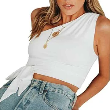 WEEPINLEE Women's Sexy One Shoulder Sleeveless Bowknot Shirts Crop Tops (XL,White)
