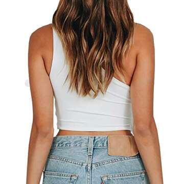 WEEPINLEE Women's Sexy One Shoulder Sleeveless Bowknot Shirts Crop Tops (XL,White)