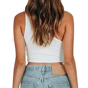 WEEPINLEE Women's Sexy One Shoulder Sleeveless Bowknot Shirts Crop Tops (XL,White)