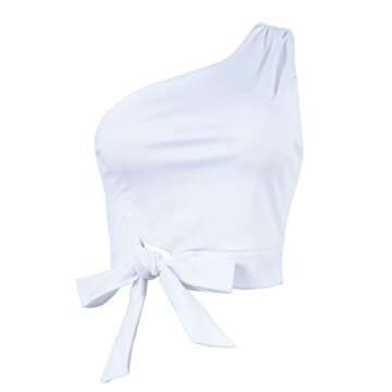 WEEPINLEE Women's Sexy One Shoulder Sleeveless Bowknot Shirts Crop Tops (XL,White)