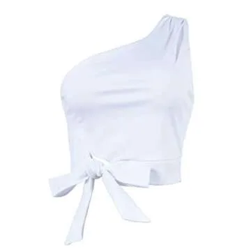 WEEPINLEE Women's Sexy One Shoulder Sleeveless Bowknot Shirts Crop Tops (XL,White)