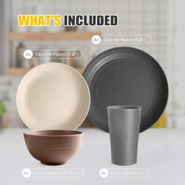 Teivio 32-Piece Kitchen Plastic Wheat Straw Dinnerware Set, Service for 8, Unbreakable Plates, Bowls...