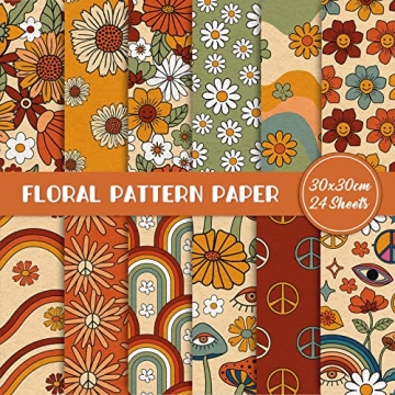Whaline 12 Designs Retro Floral Pattern Paper - 24 Sheets of Hippie Groovy Boho Rainbow Scrapbook Pa...