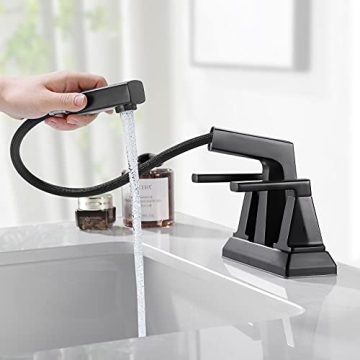 HANLIAN Matte Black 2 Handle Bathroom Sink Faucet with Pull Out Sprayer