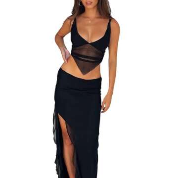 Women's Sexy Two Piece Long Skirt Set Halter Crop Tube Top and Split Maxi Skirt Summer Outfits Y2k C...