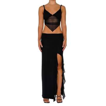 Women's Sexy Two Piece Long Skirt Set Halter Crop Tube Top and Split Maxi Skirt Summer Outfits Y2k Clubwear(A9- Black,S)