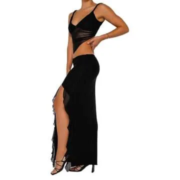 Women's Sexy Two Piece Long Skirt Set Halter Crop Tube Top and Split Maxi Skirt Summer Outfits Y2k Clubwear(A9- Black,S)