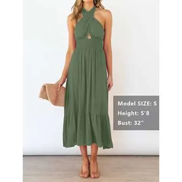 ZESICA Women's 2025 Summer Crossover Halter Neck Sleeveless Plaid Cut Out Backless Flowy A Line Maxi Dress,ArmyGreen,Medium