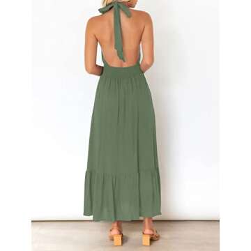 ZESICA Women's 2025 Summer Crossover Halter Neck Sleeveless Plaid Cut Out Backless Flowy A Line Maxi Dress,ArmyGreen,Medium