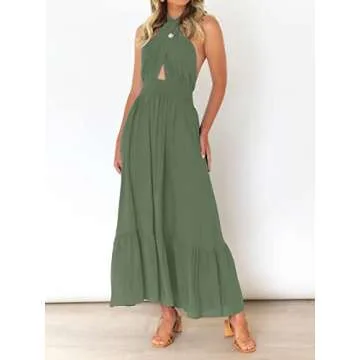 ZESICA Women's 2025 Summer Crossover Halter Neck Sleeveless Plaid Cut Out Backless Flowy A Line Maxi Dress,ArmyGreen,Medium