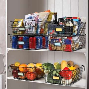 4 Pack [ XXXL Large ] STACKABLE Wire Baskets for Organizing - Pantry Storage and Organization Metal Bins for Produce, Food, Fruit - Kitchen Bathroom Closet Cabinet, Countertop, Under Sink Organizer