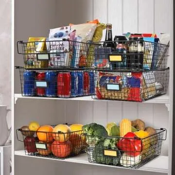 4 Pack [ XXXL Large ] STACKABLE Wire Baskets for Organizing - Pantry Storage and Organization Metal Bins for Produce, Food, Fruit - Kitchen Bathroom Closet Cabinet, Countertop, Under Sink Organizer