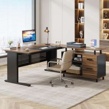 Tribesigns 63 Inch Executive Desk with File Cabinet, Large Office Desk L Shaped Computer Desk with D...