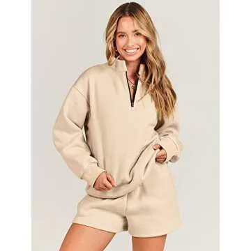 ANRABESS Women 2 Piece Outfits Sweatshirt Shorts Sets 2024 Oversized Casual Lounge Sweat Set Sweatsuit Workout Tracksuit Khaki Medium