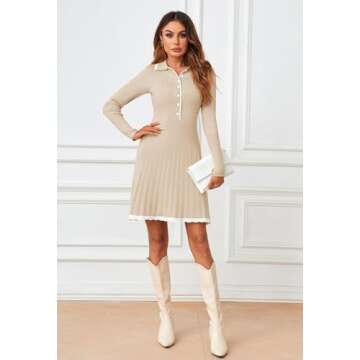 MEROKEETY Women's Long Sleeve V Neck Sweater Dress 2024 Fall Button Ribbed Knit Pleated Mini Dresses, Apricot, Medium