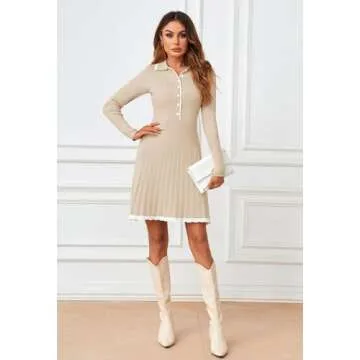MEROKEETY Women's Long Sleeve V Neck Sweater Dress 2024 Fall Button Ribbed Knit Pleated Mini Dresses, Apricot, Medium