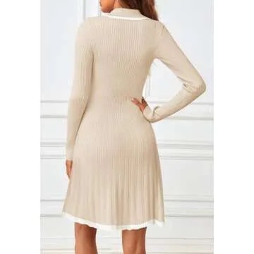 MEROKEETY Women's Long Sleeve V Neck Sweater Dress 2024 Fall Button Ribbed Knit Pleated Mini Dresses, Apricot, Medium