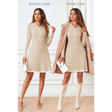 MEROKEETY Women's Long Sleeve V Neck Sweater Dress 2024 Fall Button Ribbed Knit Pleated Mini Dresses, Apricot, Medium