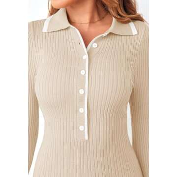 MEROKEETY Women's Long Sleeve V Neck Sweater Dress 2024 Fall Button Ribbed Knit Pleated Mini Dresses, Apricot, Medium