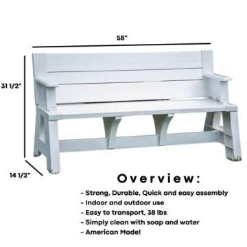 Convert-a-Bench Gen 1 2-in-1 Outdoor Convertible Bench to Picnic Table | Space-Saving, Weather-Resistant Patio Furniture for Yard, Deck, Garden | Easy Assembly & Durable Design - White