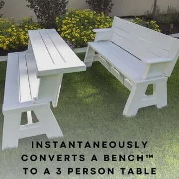 Convert-a-Bench Gen 1 2-in-1 Outdoor Convertible Bench to Picnic Table | Space-Saving, Weather-Resistant Patio Furniture for Yard, Deck, Garden | Easy Assembly & Durable Design - White