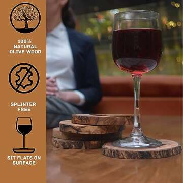 The Live Edge - Olive Wood Table Coasters for Drinks 6 Coaster Set with Holder | Rustic Coasters for...