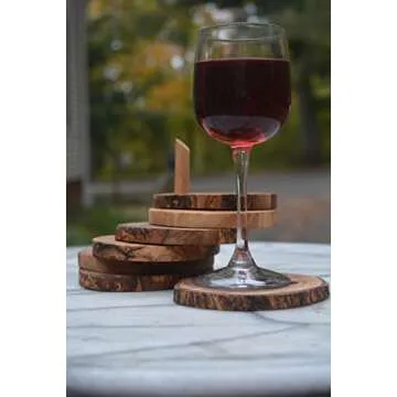 The Live Edge - Olive Wood Table Coasters for Drinks 6 Coaster Set with Holder | Rustic Coasters for Coffee Table | Wooden Coaster Holder | Coaster for Office Desk | Bar Coasters | Vintage Coasters