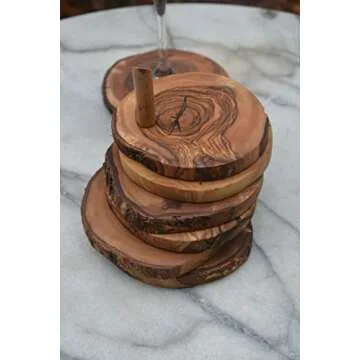 The Live Edge - Olive Wood Table Coasters for Drinks 6 Coaster Set with Holder | Rustic Coasters for Coffee Table | Wooden Coaster Holder | Coaster for Office Desk | Bar Coasters | Vintage Coasters