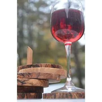 The Live Edge - Olive Wood Table Coasters for Drinks 6 Coaster Set with Holder | Rustic Coasters for Coffee Table | Wooden Coaster Holder | Coaster for Office Desk | Bar Coasters | Vintage Coasters