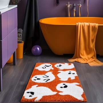 Estmy Cute Ghost Halloween Bathroom Runner Rug 18’’x45’’ Vibrant Orange Spooky Funny Halloween Extra Long Bath Rug Non Slip Washable, Modern Fall Halloween Aesthetic Bath Runner Bathroom Decorations