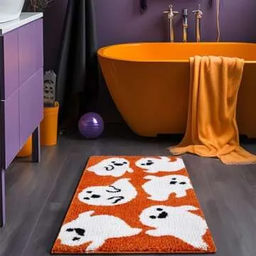 Estmy Cute Ghost Halloween Bathroom Runner Rug 18’’x45’’ Vibrant Orange Spooky Funny Halloween Extra Long Bath Rug Non Slip Washable, Modern Fall Halloween Aesthetic Bath Runner Bathroom Decorations