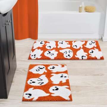 Estmy Cute Ghost Halloween Bathroom Runner Rug 18’’x45’’ Vibrant Orange Spooky Funny Halloween Extra Long Bath Rug Non Slip Washable, Modern Fall Halloween Aesthetic Bath Runner Bathroom Decorations