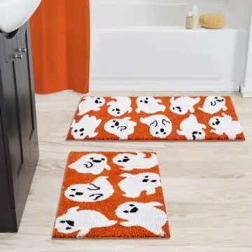 Estmy Cute Ghost Halloween Bathroom Runner Rug 18’’x45’’ Vibrant Orange Spooky Funny Halloween Extra Long Bath Rug Non Slip Washable, Modern Fall Halloween Aesthetic Bath Runner Bathroom Decorations
