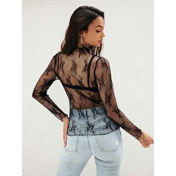MEROKEETY 2024 Womens Mesh Sheer Long Sleeve Layering Top Sexy Y2k Mock Neck Floral Lace See Through Shirt Blouses Black Large