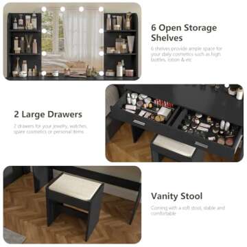 USIKEY Makeup Vanity with LED Lights & Drawers
