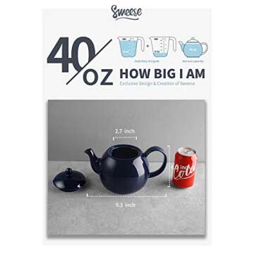 Sweese Porcelain Teapot, 40 Ounce Tea Pot - Large Enough for 5 Cups, Navy