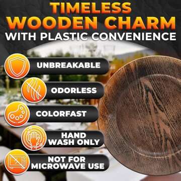 BURIUS 13'' Round Plastic Wood Charger Plates Set of 4 Chargers In Bulk Rustic Wood Round Table Charger Wedding Party Chargers Plate Set for 4-13 inch Charger Plates Charger Wedding Table Decor
