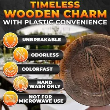 BURIUS 13'' Round Plastic Wood Charger Plates Set of 4 Chargers In Bulk Rustic Wood Round Table Charger Wedding Party Chargers Plate Set for 4-13 inch Charger Plates Charger Wedding Table Decor