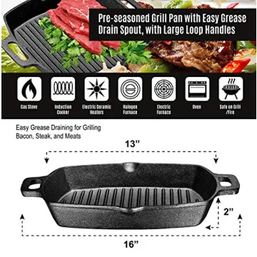 Bruntmor 13 Inch Cast Iron Grill Pan for Cooking and Grilling