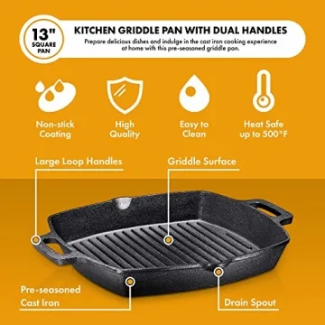 Bruntmor 13 Inch Cast Iron Grill Pan for Cooking and Grilling