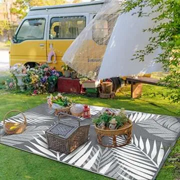 GENIMO Outdoor Rug 5' x 8' Waterproof for Patios Clearance, Reversible Plastic Straw Camping Carpet, Large Area Rugs Mats for RV, Picnic, Backyard, Deck, Balcony, Porch, Beach, Grey&White