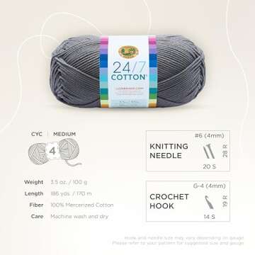 Lion Brand 24/7 Cotton Yarn - Soft & Versatile for Crafting