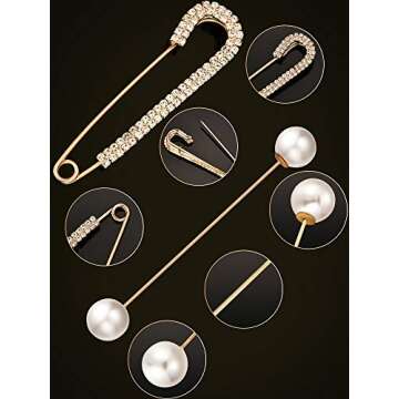 6 Pieces Women Brooch Pins Sweater Shawl Cardigan Collar Clips Retro Pearl Crystal Dress Shirt Clip for Back Cinch and Waist for Women Girl Clothing Costume Accessory