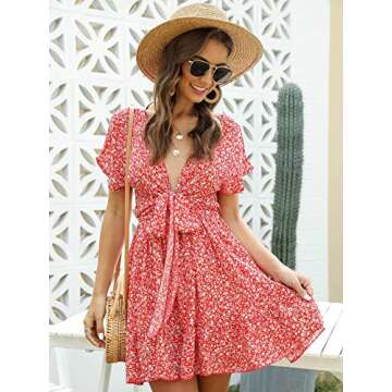 Floerns Women's Tropical Floral Plunging V Neck Tie Open Back Summer Short Dress Red M