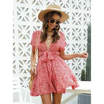 Floerns Women's Tropical Floral Plunging V Neck Tie Open Back Summer Short Dress Red M