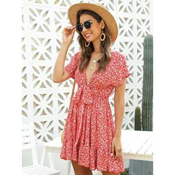 Floerns Women's Tropical Floral Plunging V Neck Tie Open Back Summer Short Dress Red M