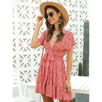 Floerns Women's Tropical Floral Plunging V Neck Tie Open Back Summer Short Dress Red M