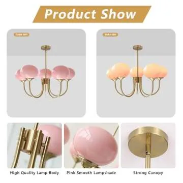 BOKT 5 Light Gold Globe Sputnik Chandelier Modern Pink Glass Sputnik Pendant Lights Kitchen Island Mid Century Vintage Brushed Brass Ball Chandelier Light Fixture for Bedroom Dining Living Room